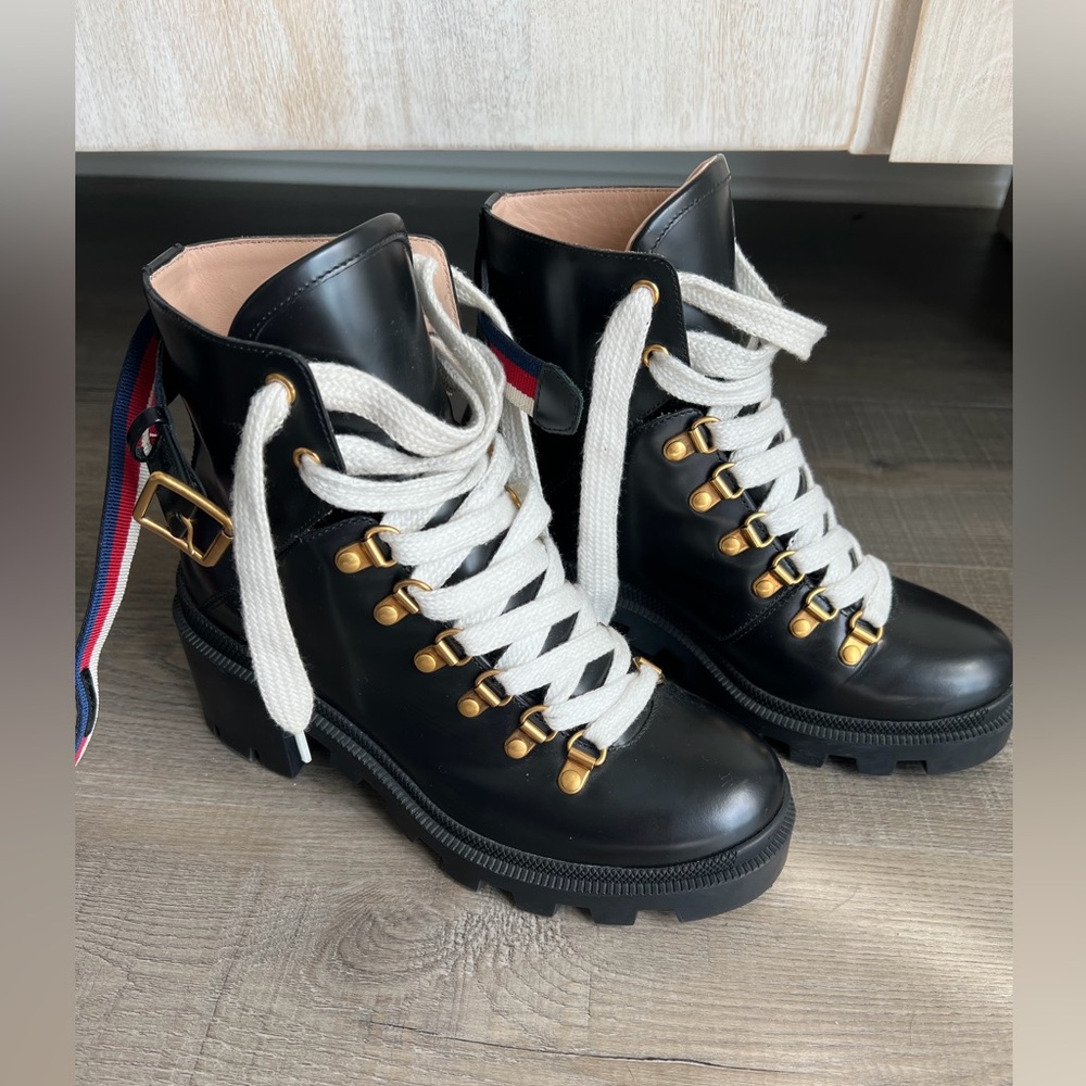 Gucci Black and Gold Lace-Up Women's Boots